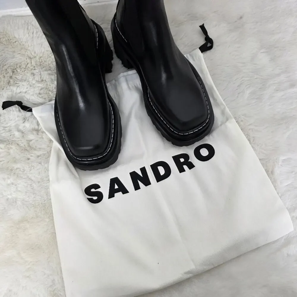 NEW Sandro Paris Black Leather Chelsea Boots Chunky Lug Sole Square Toe EU 37 - Picture 14 of 16